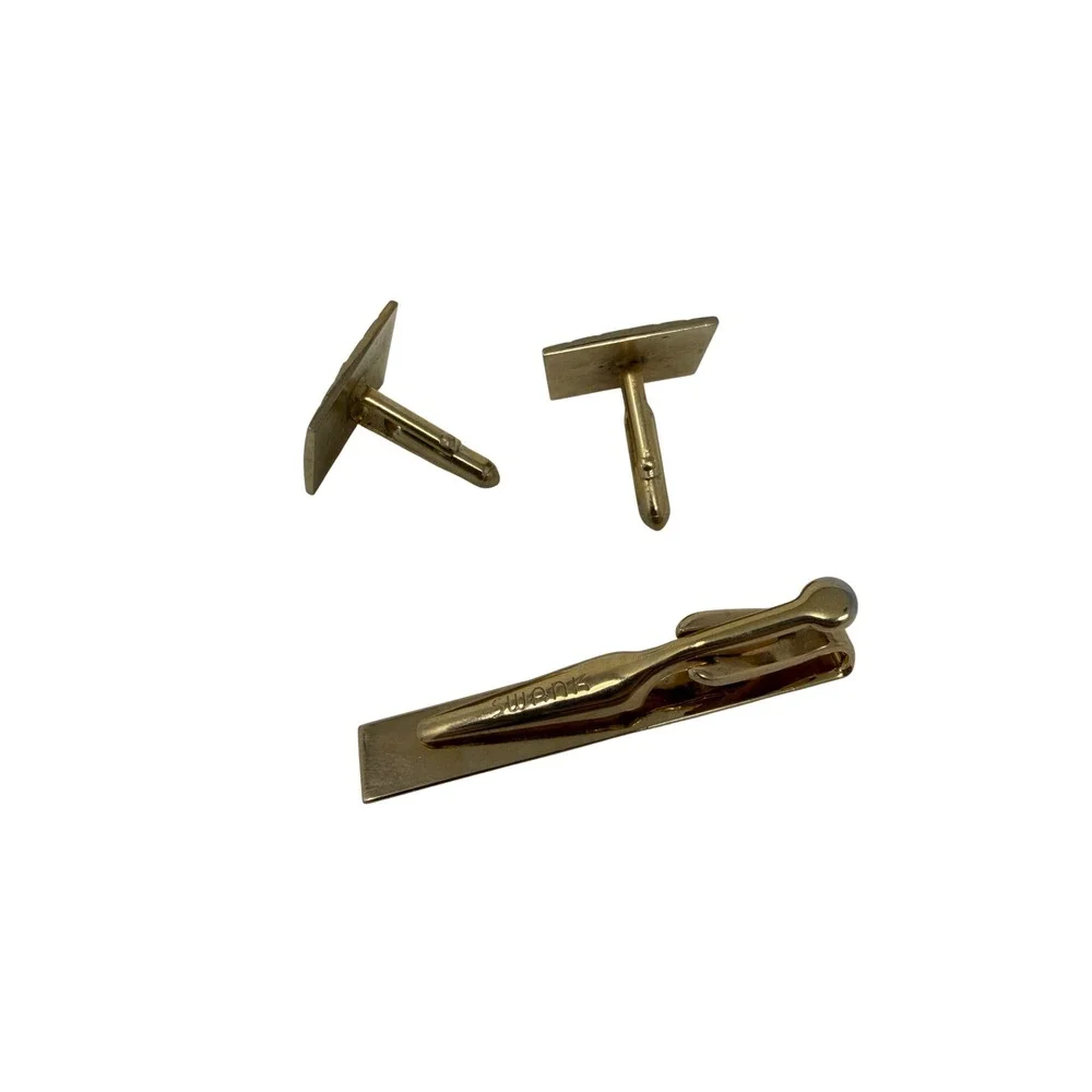 Swank Tie Clip Cufflink Set Mens OS Gold Good Fleur De Lis Vintage MCM Accessory
